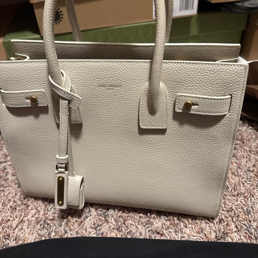 Saint Laurent Cream Satchel with Structured Design and Top Handles